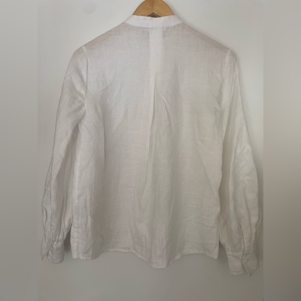 Club Monaco Linen Embroidered Blouson Sleeve Top XS White Minimalist Romantic - Picture 5 of 10